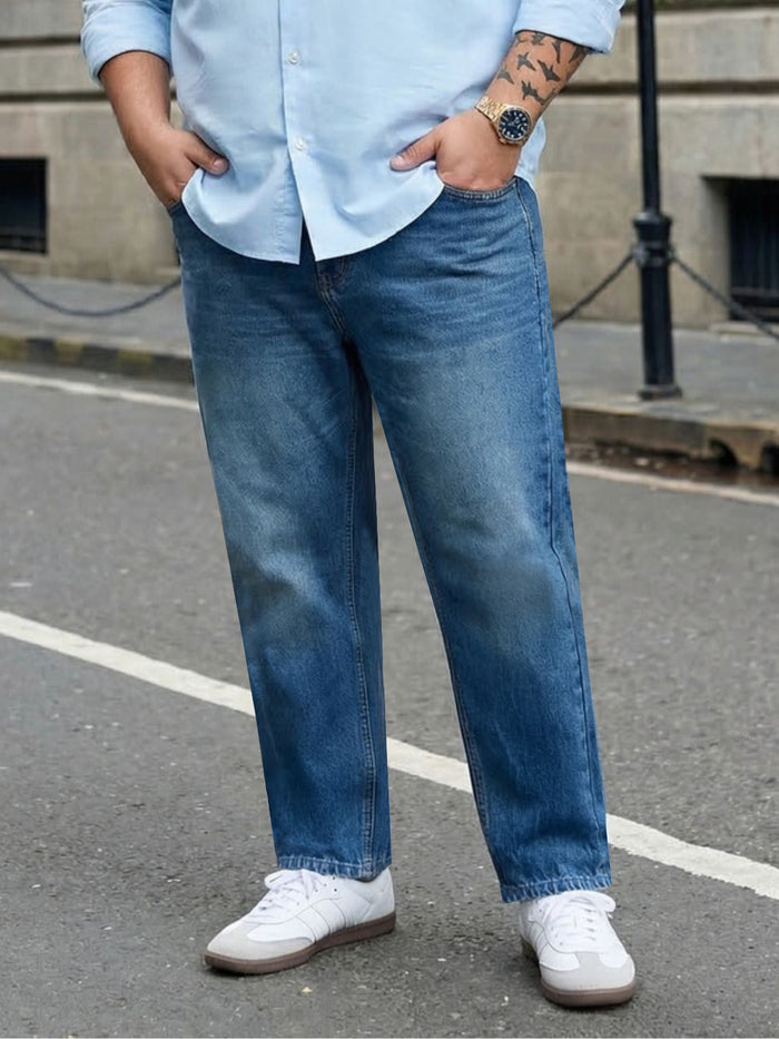 Plus Men's Light Blue Relaxed Fit Washed Denim Jeans Non-Stretchable