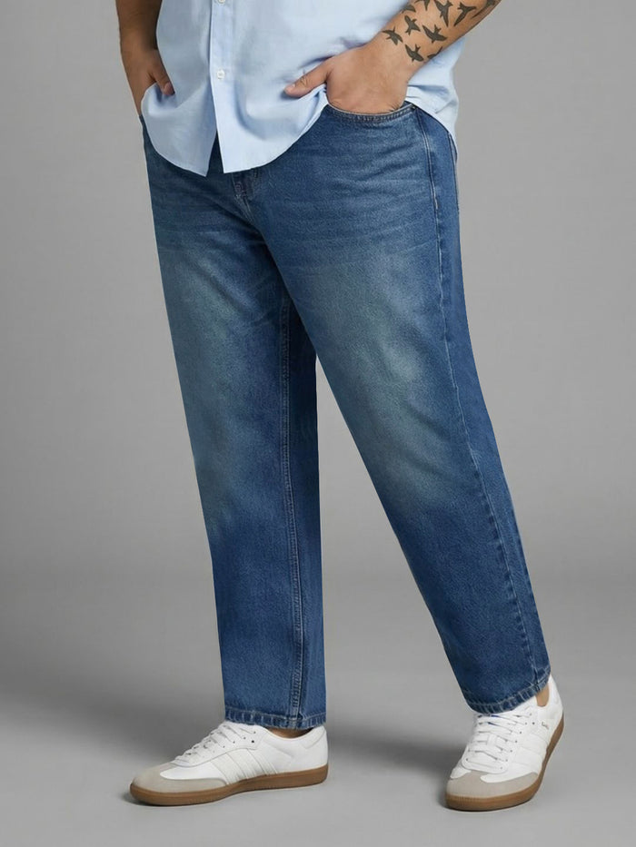 Plus Men's Light Blue Relaxed Fit Washed Denim Jeans Non-Stretchable