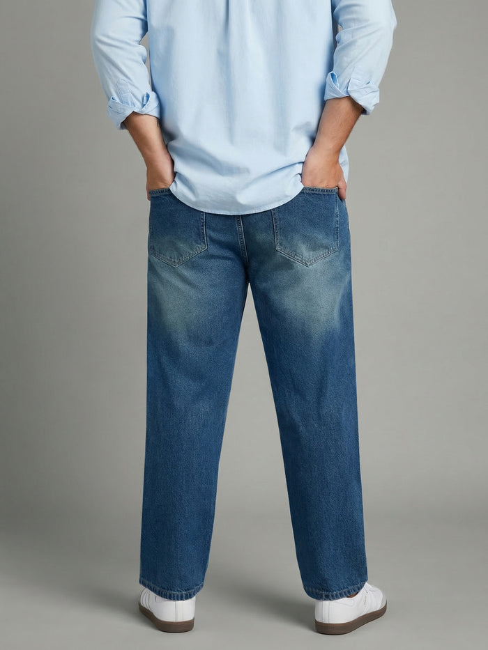 Plus Men's Light Blue Relaxed Fit Washed Denim Jeans Non-Stretchable