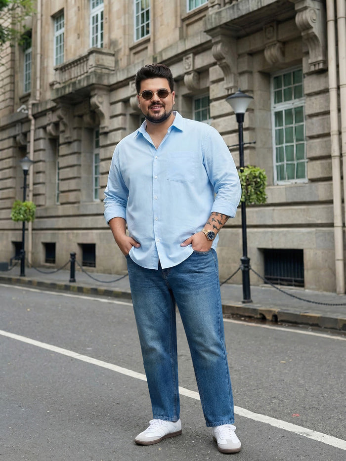 Plus Men's Light Blue Relaxed Fit Washed Denim Jeans Non-Stretchable