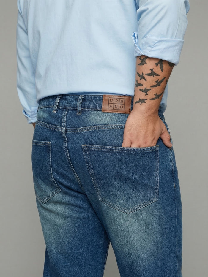 Plus Men's Light Blue Relaxed Fit Washed Denim Jeans Non-Stretchable