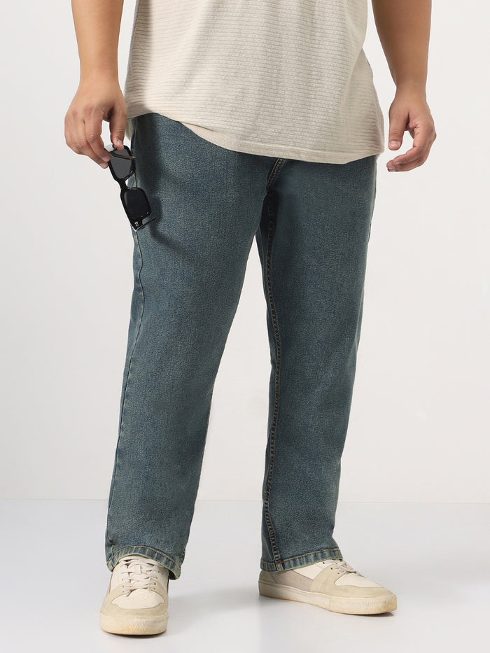Plus Men's Light Blue Straight Fit Heavy Washed Jeans Stretchable