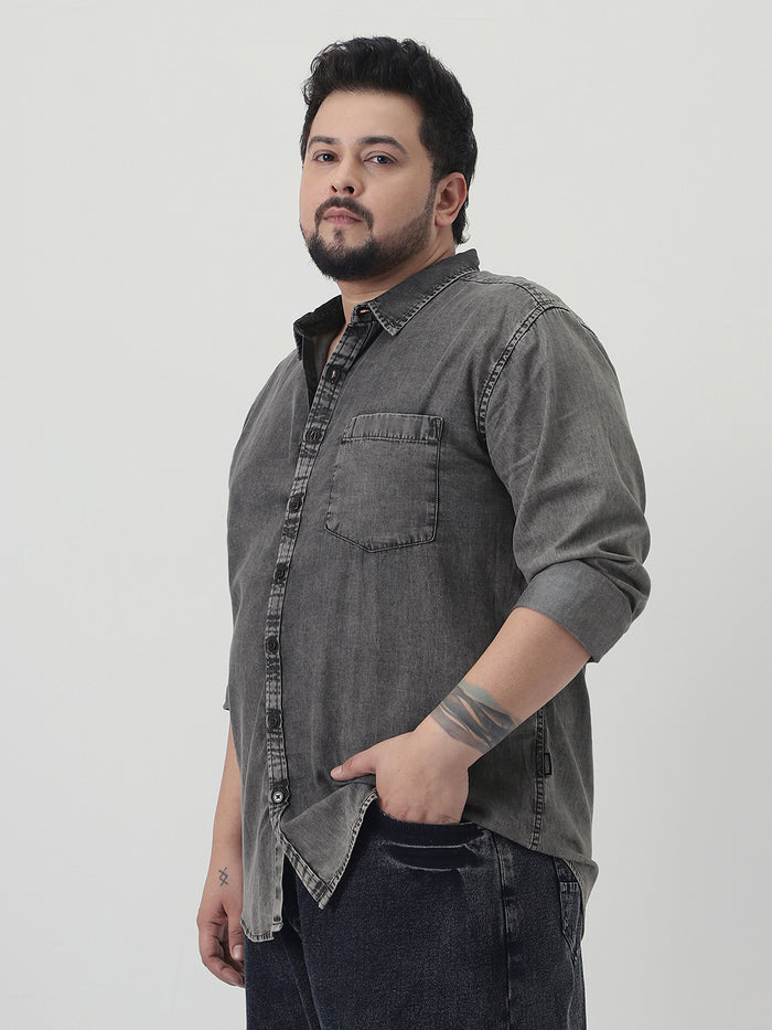 Plus Men's Light Grey Regular Fit Full Sleeve Washed Denim Shirt