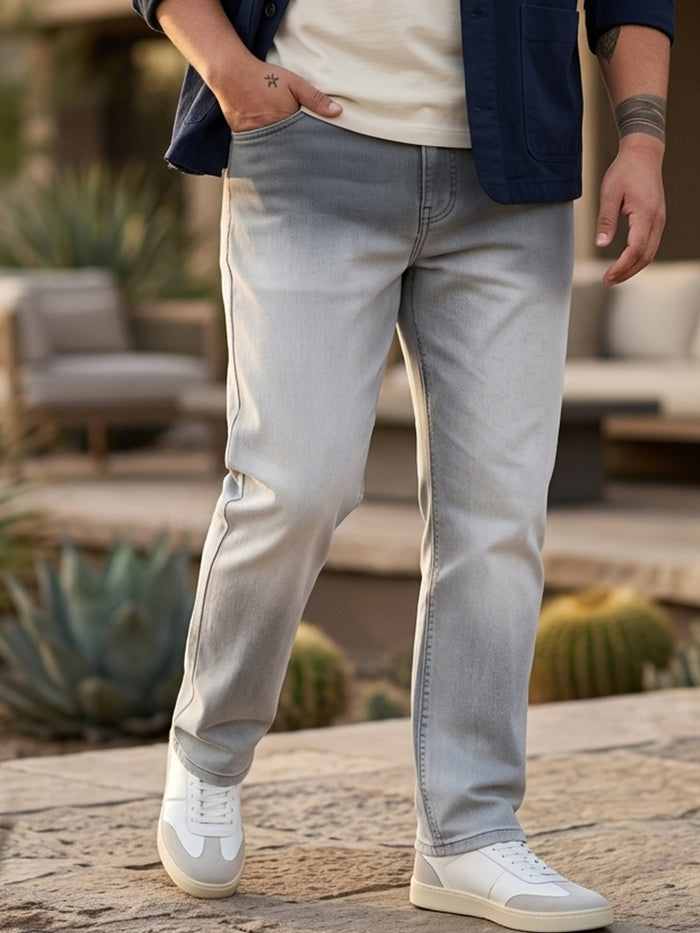 Plus Men's Light Grey Straight Fit Heavy Washed Faded Denim Jeans Stretchable