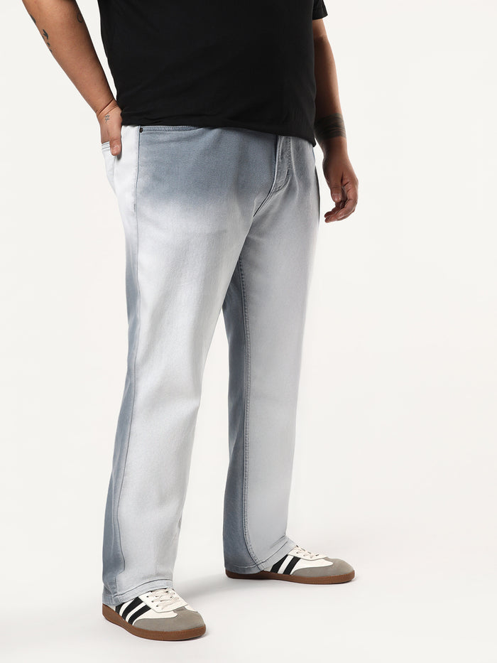 Plus Men's Light Grey Straight Fit Heavy Washed Faded Denim Jeans Stretchable