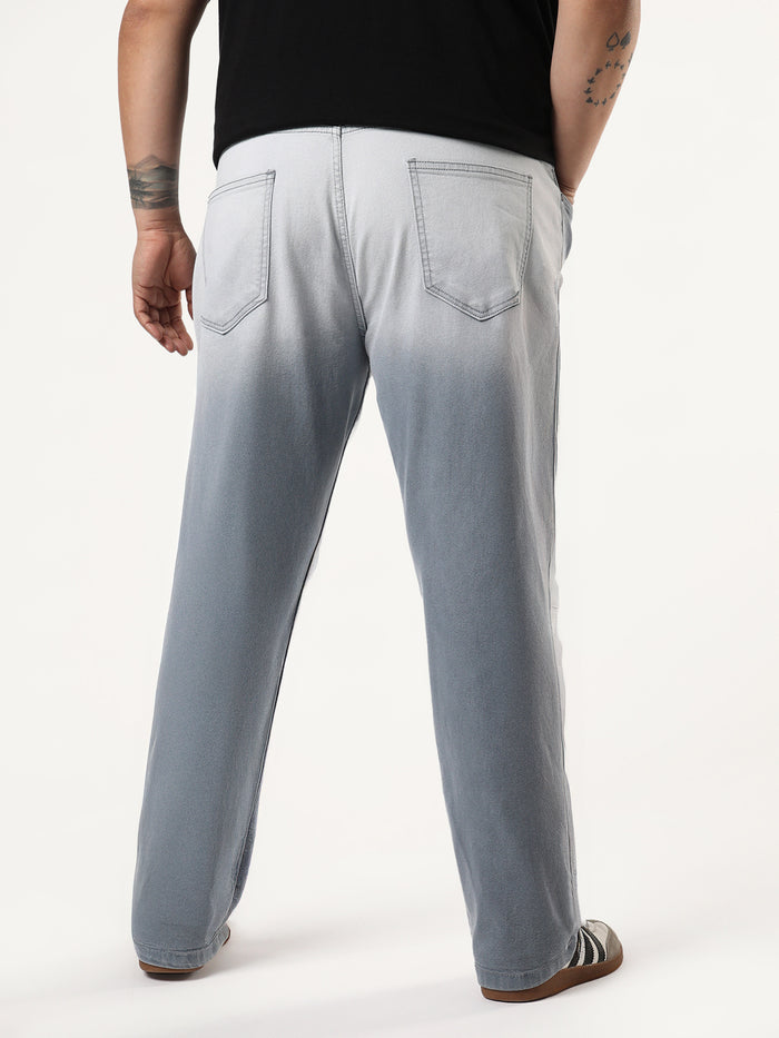 Plus Men's Light Grey Straight Fit Heavy Washed Faded Denim Jeans Stretchable