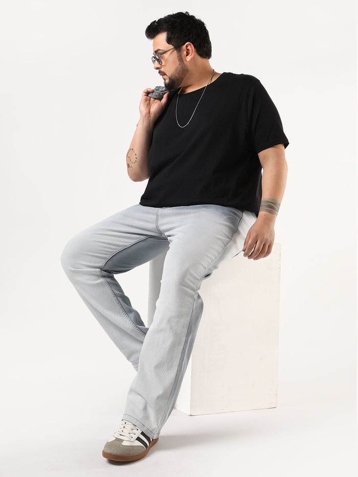 Plus Men's Light Grey Straight Fit Heavy Washed Faded Denim Jeans Stretchable