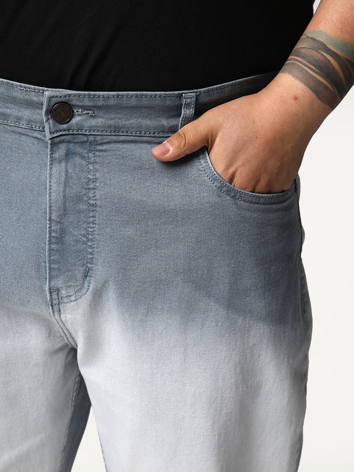 Plus Men's Light Grey Straight Fit Heavy Washed Faded Denim Jeans Stretchable
