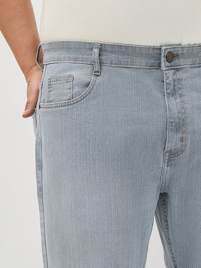Plus Men's Light Grey Straight Fit Washed Denim Jeans Stretchable