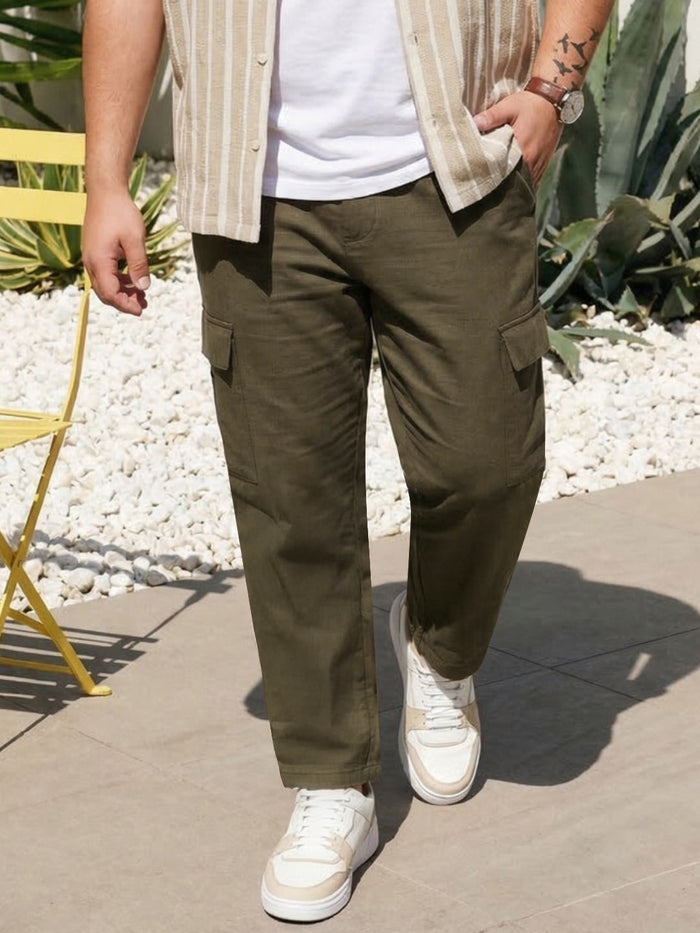 Plus Men's Olive Straight Fit Linen Cargo Pants with 6 Pockets