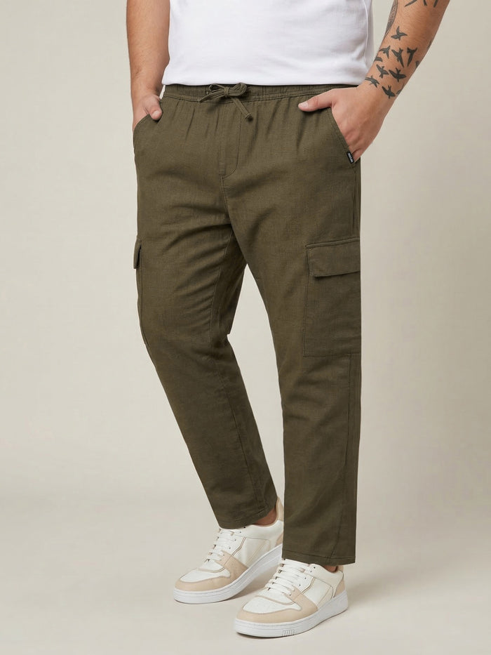 Plus Men's Olive Straight Fit Linen Cargo Pants with 6 Pockets