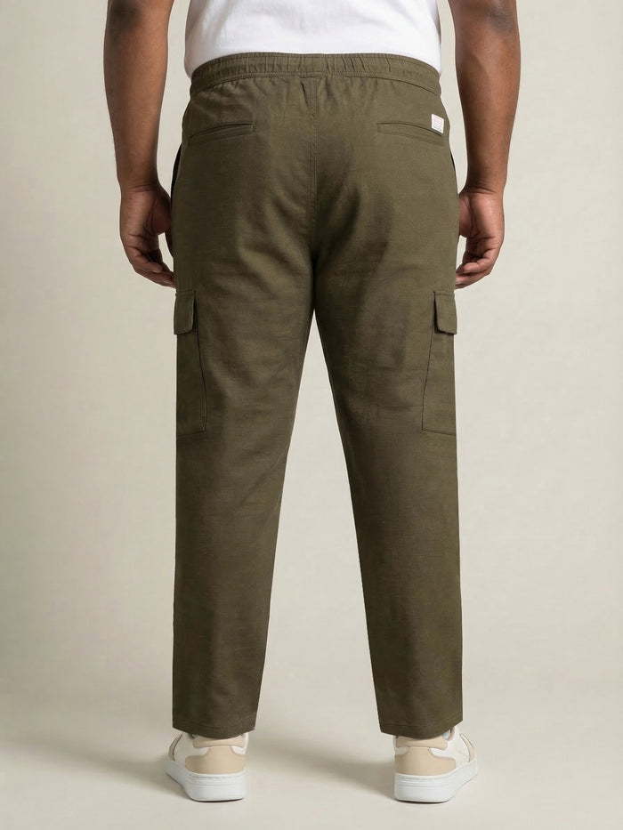 Plus Men's Olive Straight Fit Linen Cargo Pants with 6 Pockets
