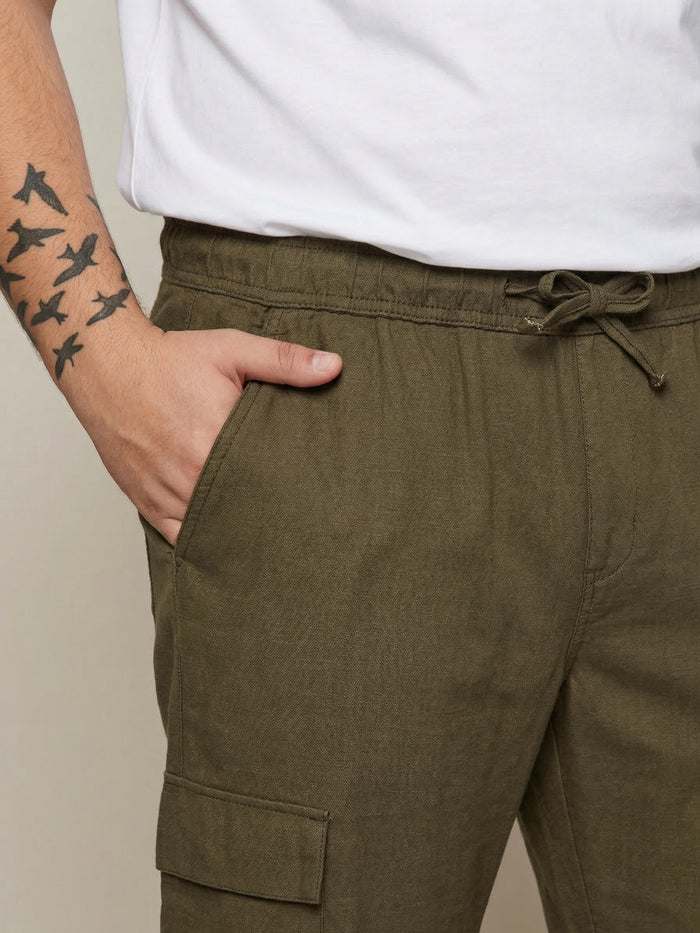 Plus Men's Olive Straight Fit Linen Cargo Pants with 6 Pockets