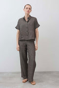 Charcoal striped wide-leg linen pants with drawstring waist, ankle length
