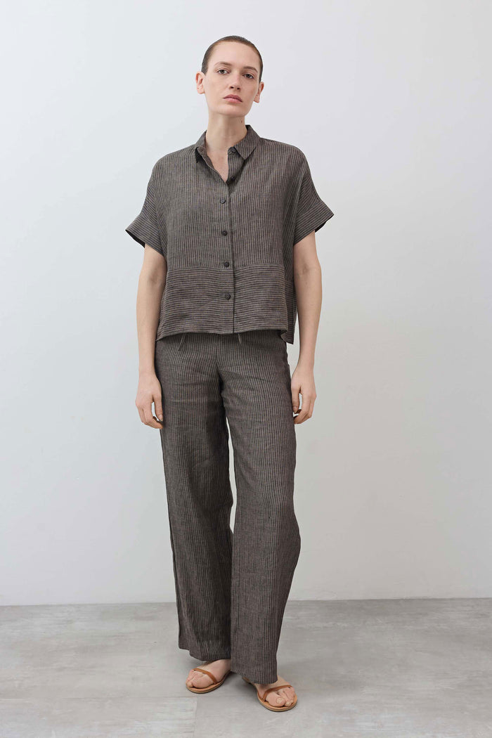 Charcoal striped wide-leg linen pants with drawstring waist, ankle length