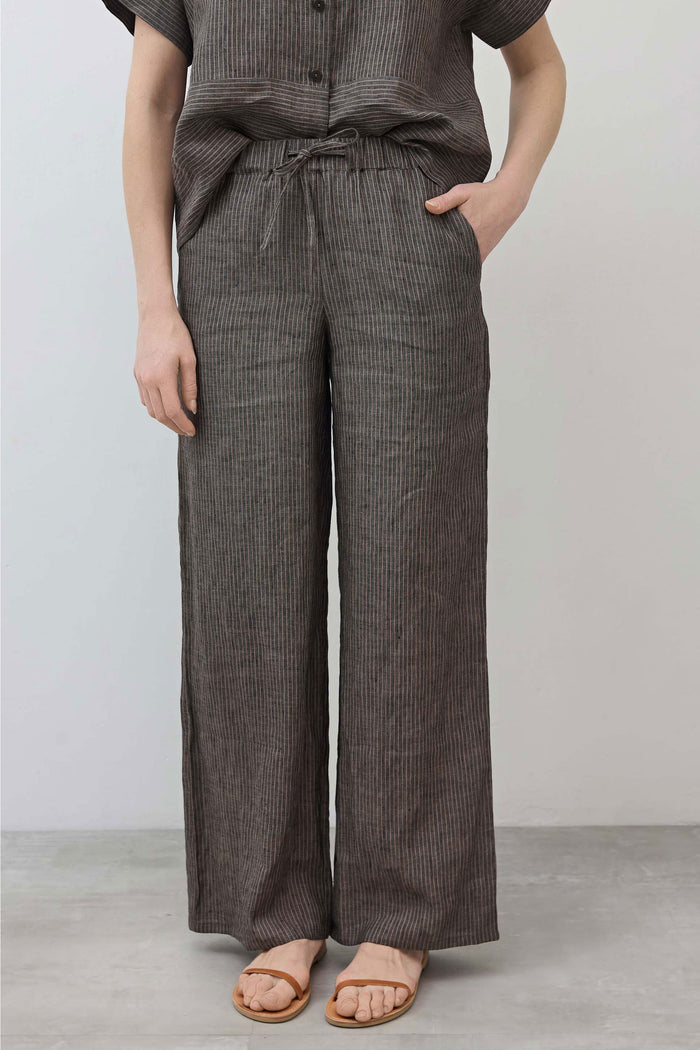 Charcoal striped wide-leg linen pants with adjustable drawstring waist