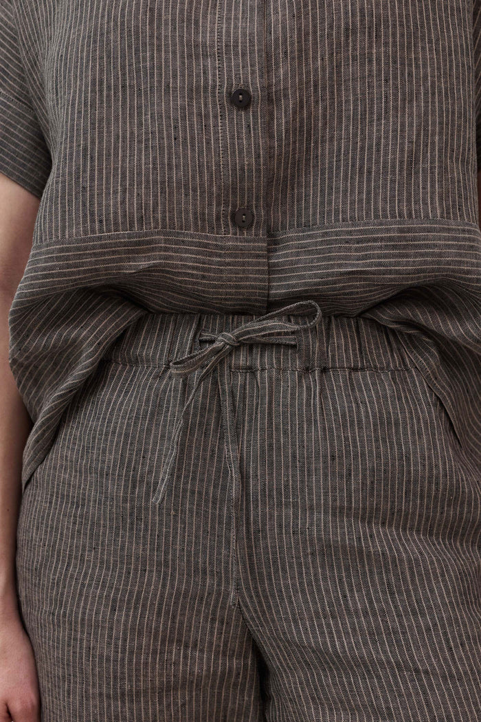 Charcoal striped linen pants with gathered drawstring waist detail