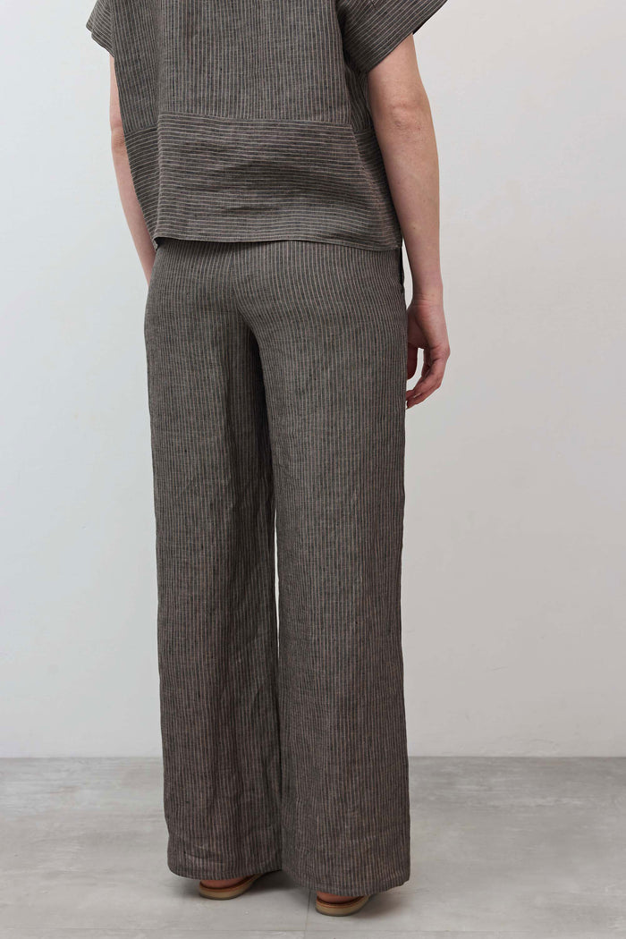 Charcoal striped wide-leg linen pants with straight wide legs, back view