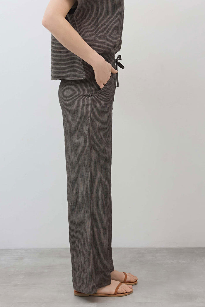 Charcoal striped wide-leg linen pants with drawstring waist, side view
