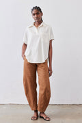 Vintage white linen short-sleeve pullover blouse with point collar and chest patch pocket