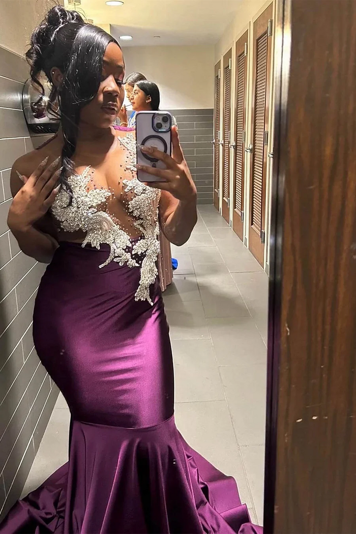 Purple Sleeveless Mermaid Black Girl Long Prom Dress with Beadings