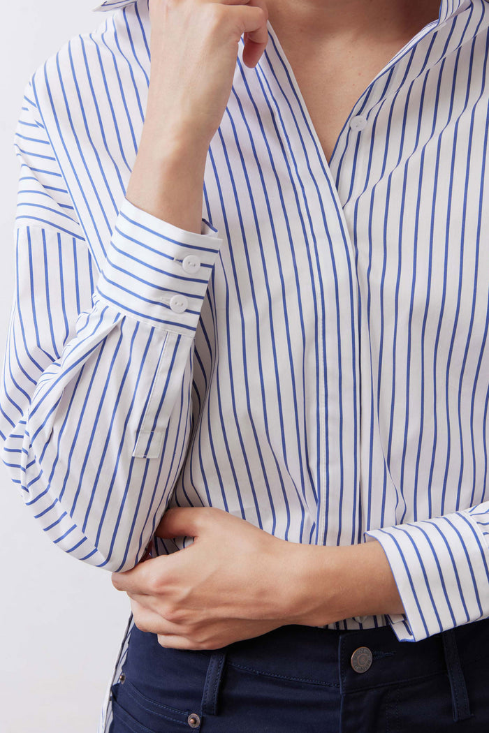 White and navy striped oversized tunic with button cuffs and chest pocket detail
