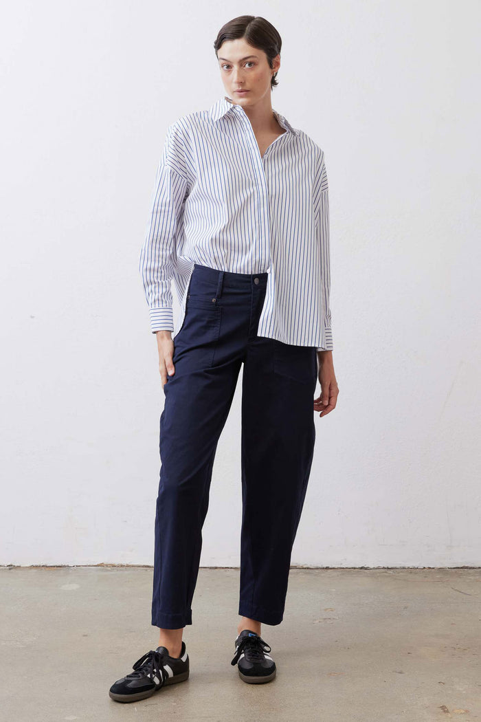 White and navy striped oversized tunic with collared neckline, button front, long sleeves