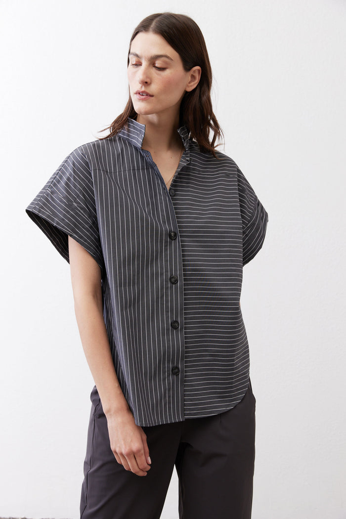 Gray striped button-up blouse with short sleeves and front button placket