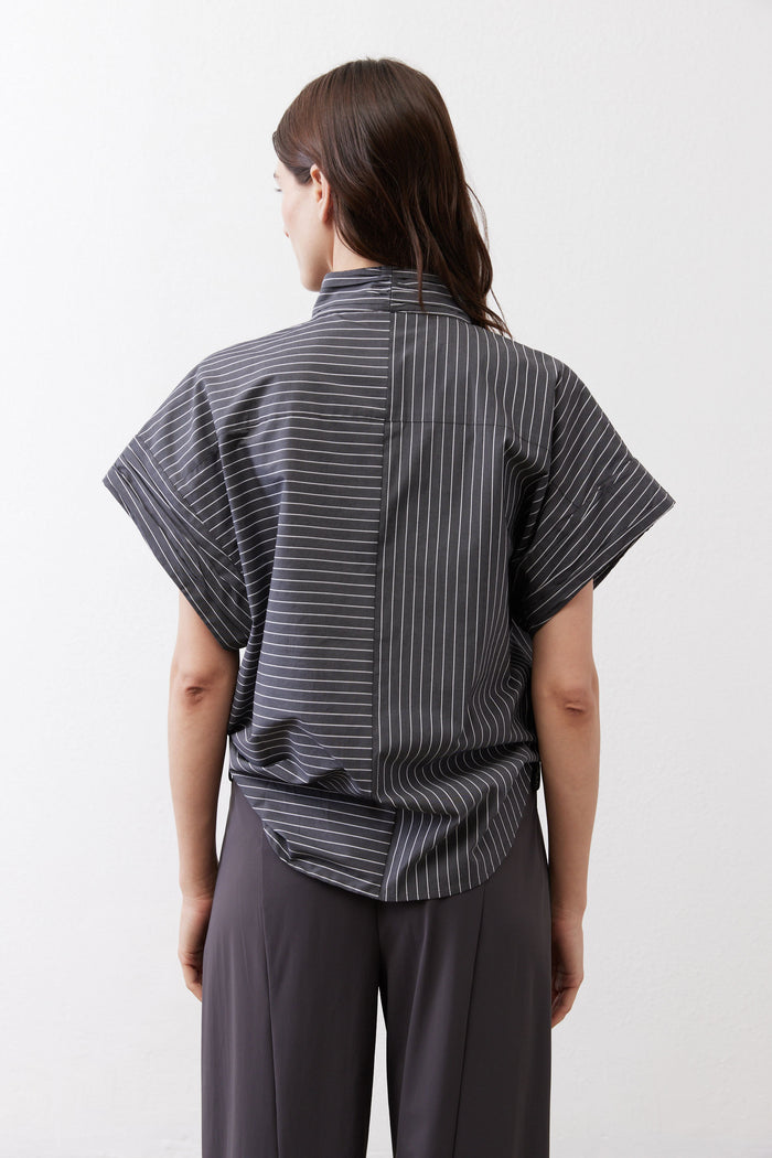 Gray striped back of button-up blouse with short batwing sleeves