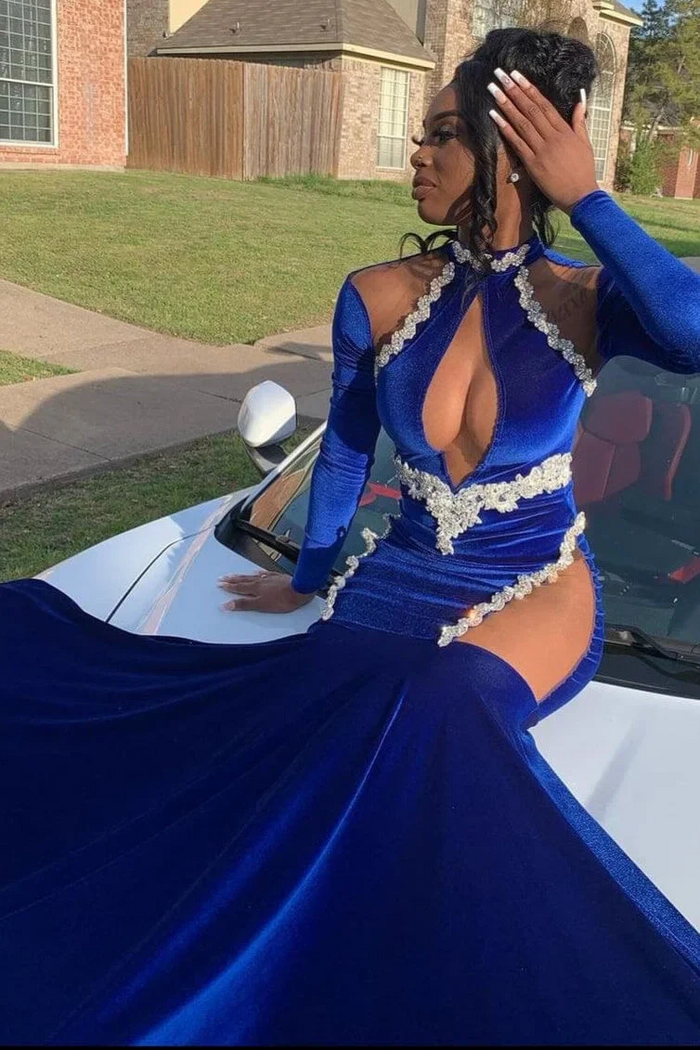 Royal Blue High Neck Long Sleeves Black Girl Mermaid Prom Dress