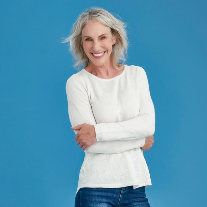 Woman wearing Royal Merino - Flora Stitch Sweater (RM3033) in the colour Natural