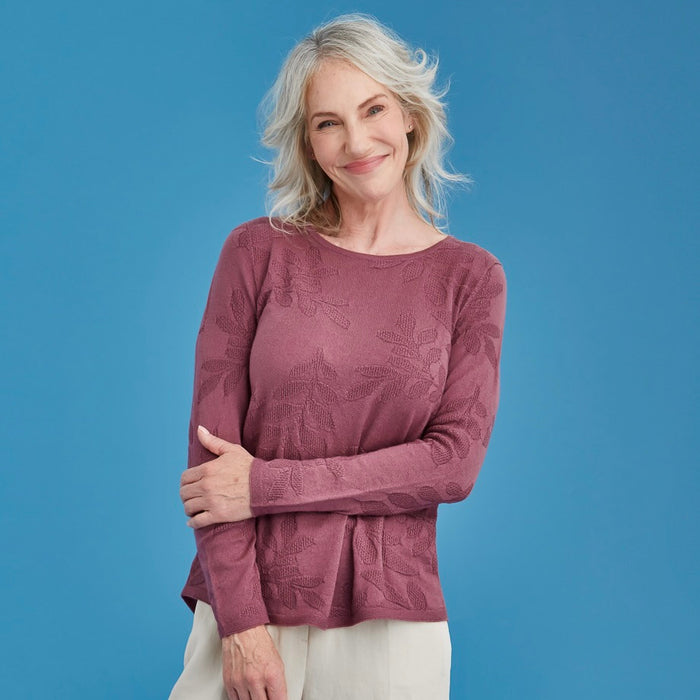 Woman wearing Royal Merino - Flora Stitch Sweater (RM3033) in the colour Mauve