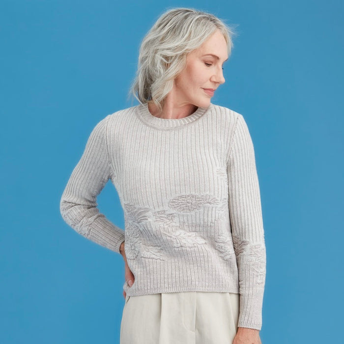 Woman wearing Royal Merino - Flourish Jumper (RM3037) in the colour Light Sand/Natural