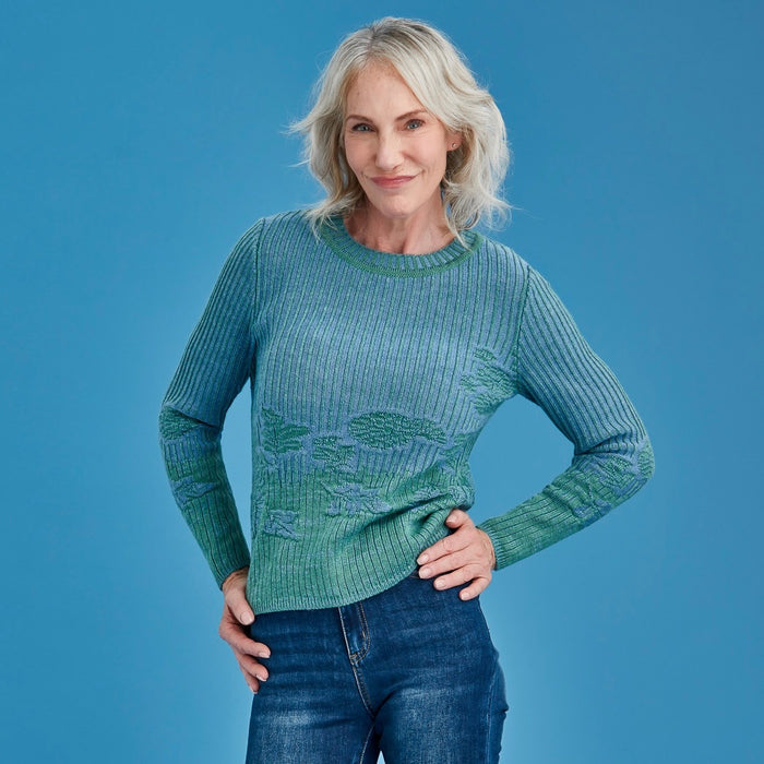 Woman wearing Royal Merino - Flourish Jumper (RM3037) in the colour Green Tea/Cornflower