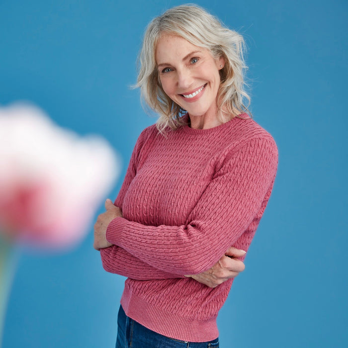 Royal Merino - 100% Merino Rib and Cable Crew (RM2057) Azalea.