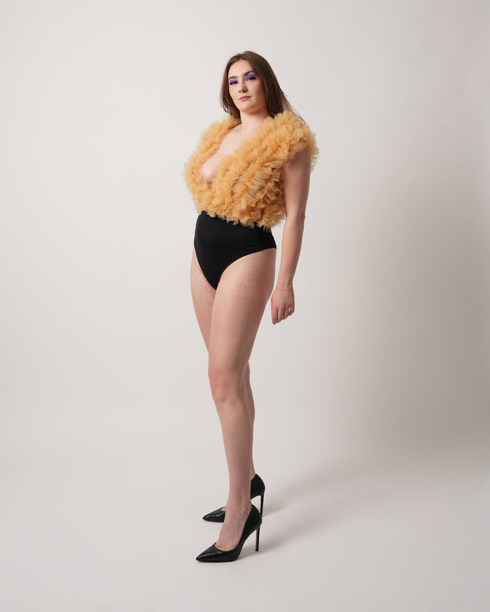 Ruffle Ravish Bodysuit - Deep V Neck & Stretch Fit - Dimaz