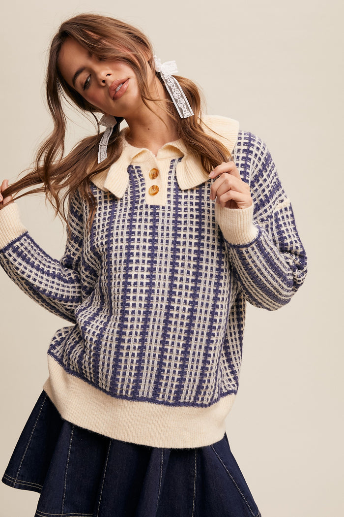 RUTH RUFFLE COLLAR PLAID KNIT SWEATER, DENIM