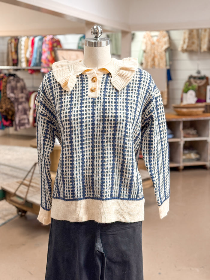 RUTH RUFFLE COLLAR PLAID KNIT SWEATER, DENIM