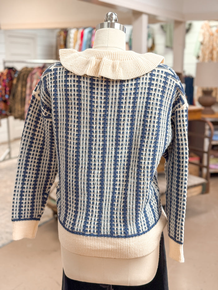 RUTH RUFFLE COLLAR PLAID KNIT SWEATER, DENIM