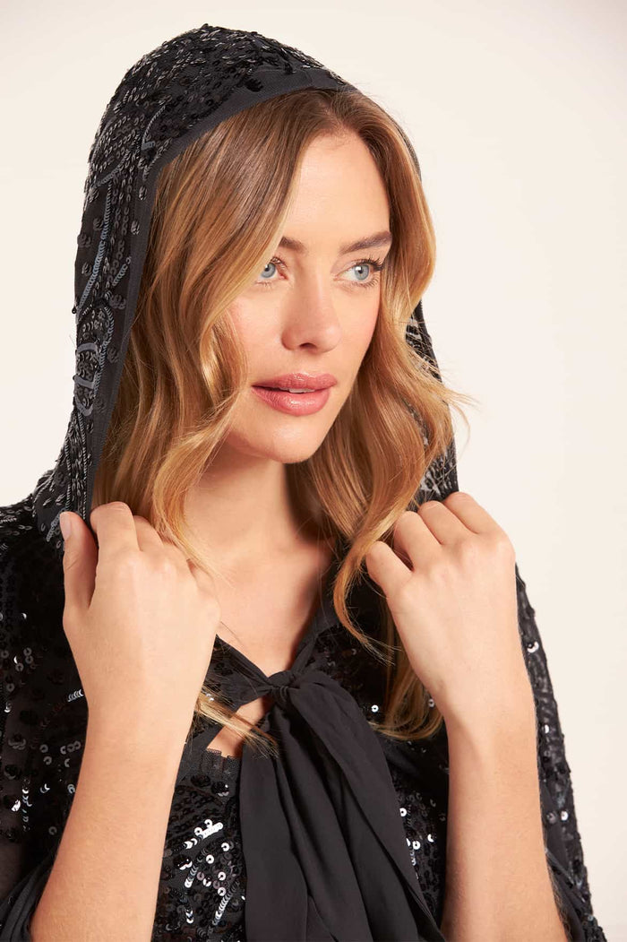 Sequin Ribbon Hooded Cape