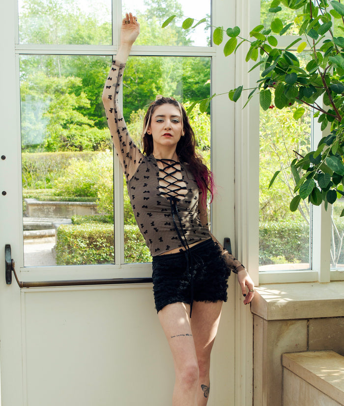 Sheer Trouble Set in brown lace, crisscross top bloomers front view