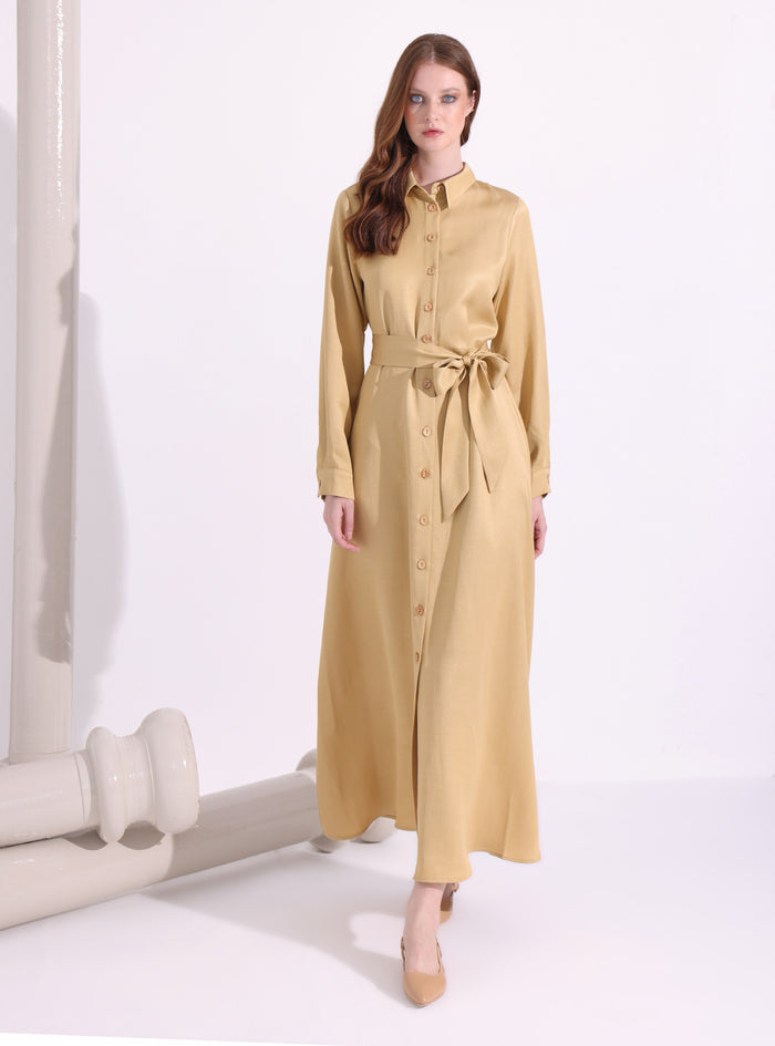 Shirt Neck Belted Maxi Dress - Store WF