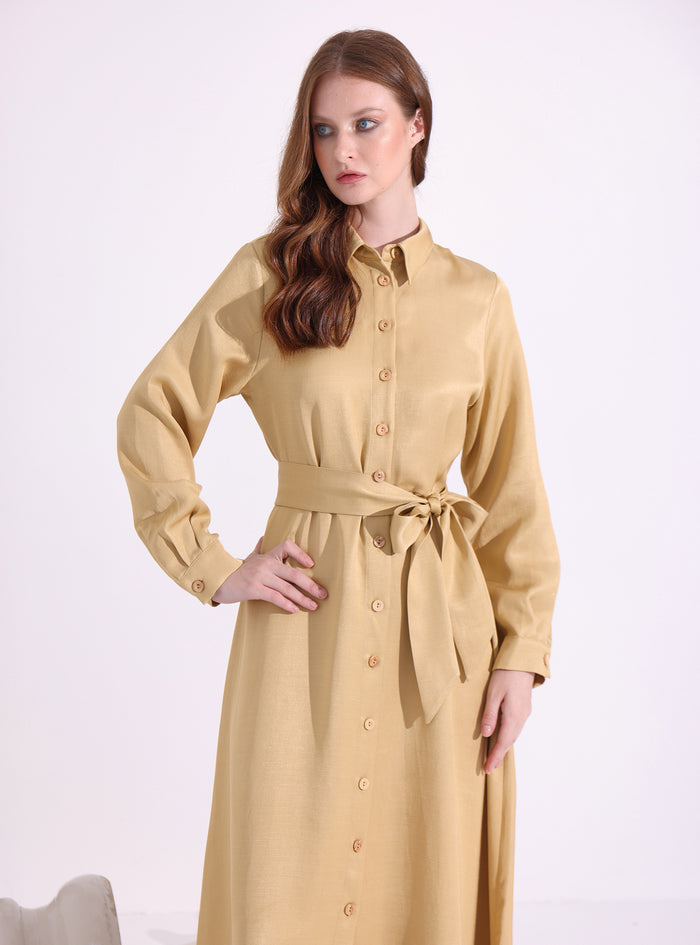 Shirt Neck Belted Maxi Dress - Store WF