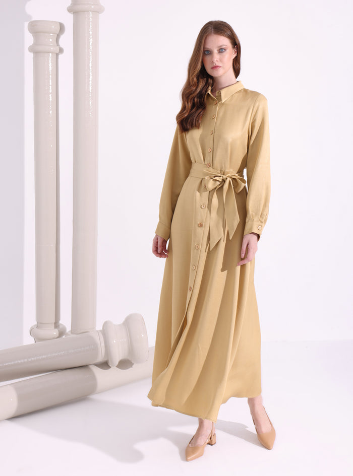 Shirt Neck Belted Maxi Dress - Store WF