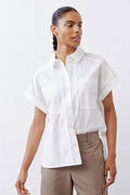 White short-sleeve button-down blouse with front placket and patch pocket