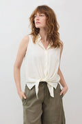 Ivory sleeveless button-down shirt with front tie knot and pointed collar