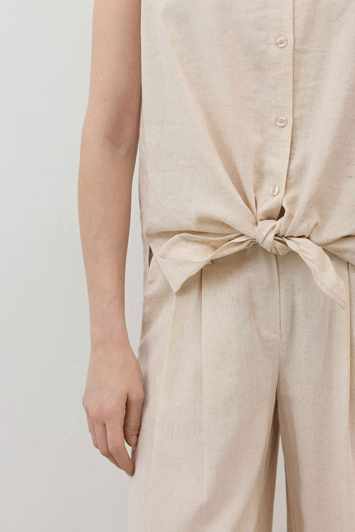 Oatmeal sleeveless tie-front button-down with front knot detail