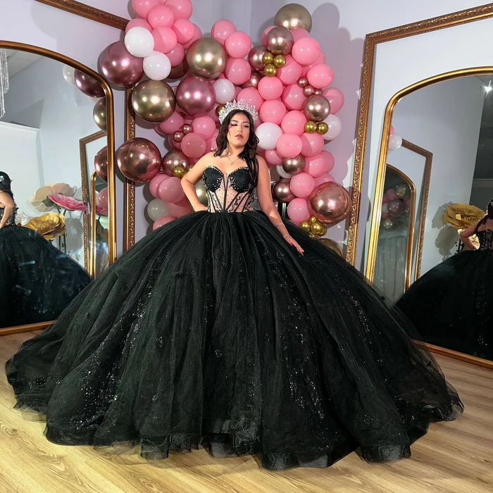 Sparkly Black Quincenara Dresses Sweetheart Appliqued Beads Sweet 16 Prom Gowns Pageant Dress