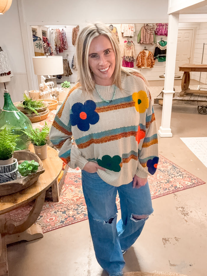 STRIPED FLOWER PRINT SWEATER