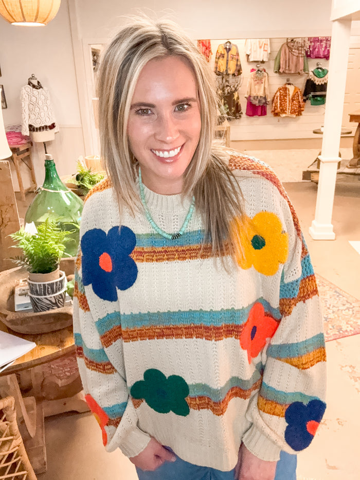 STRIPED FLOWER PRINT SWEATER